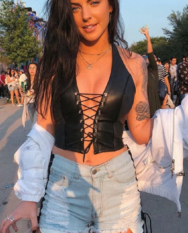 Sexy Punk Y2K Black Leather Crop Top Womens  Hollow Backless camisole Summer Vest Fashion Club Party Wear Tank Tops flirty tank top