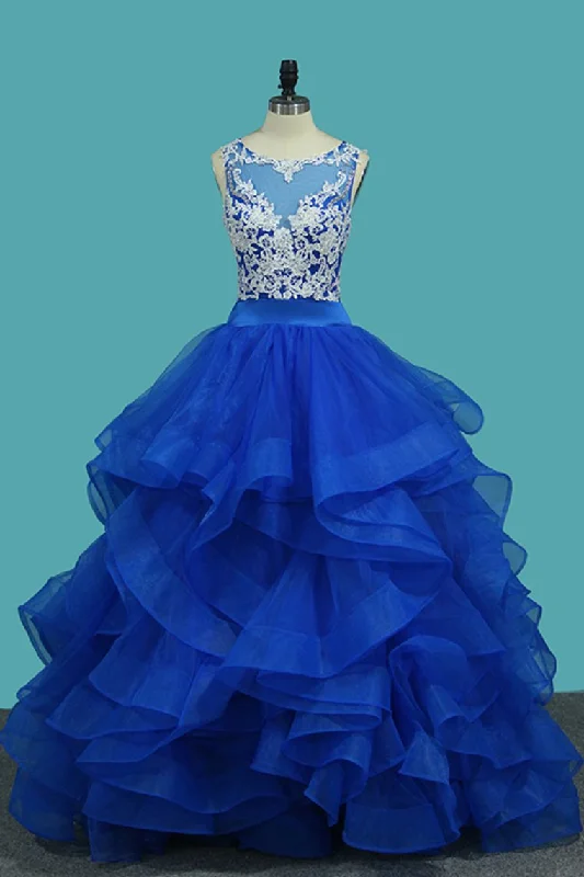 Scoop A Line Tulle Prom Dresses With Applique Floor Length