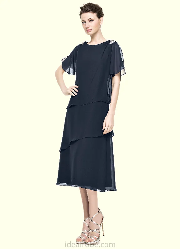 Mariam A-Line Scoop Neck Tea-Length Chiffon Mother of the Bride Dress With Beading Sequins Cascading Ruffles STK126P0014875 Mariam A-Line Scoop Neck Tea-Length Chiffon Mother of the Bride Dress With Beading Sequins Cascading Ruffles STK126P0014875