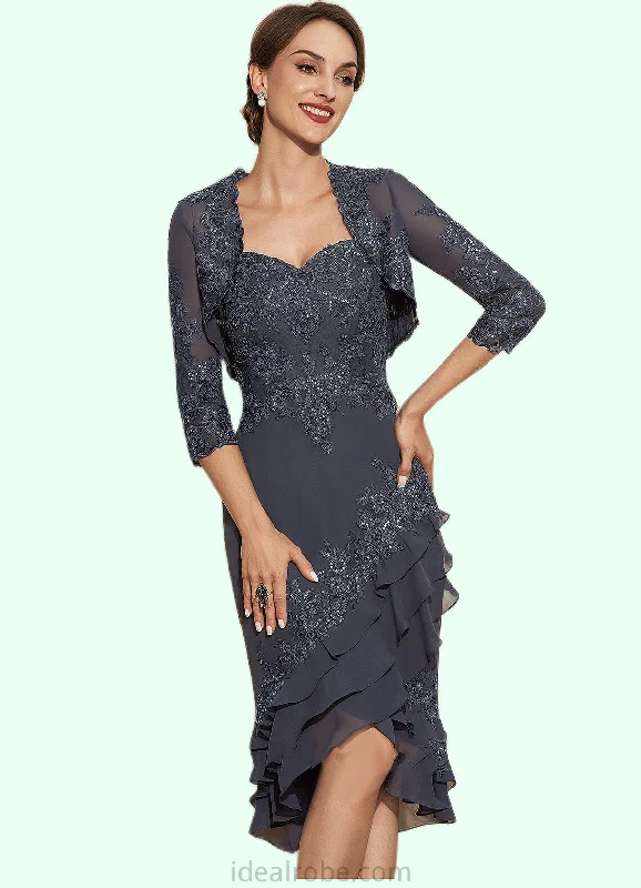 Madeline Sheath/Column Sweetheart Asymmetrical Chiffon Lace Mother of the Bride Dress With Sequins Cascading Ruffles STK126P0014837