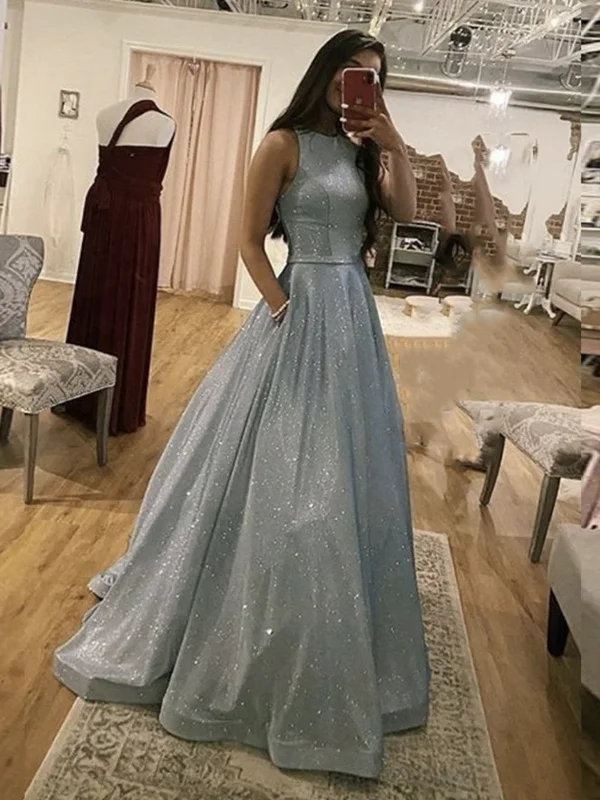 Shiny Silver Gray Long Prom Dresses, Silver Grey Long Formal Evening Dresses