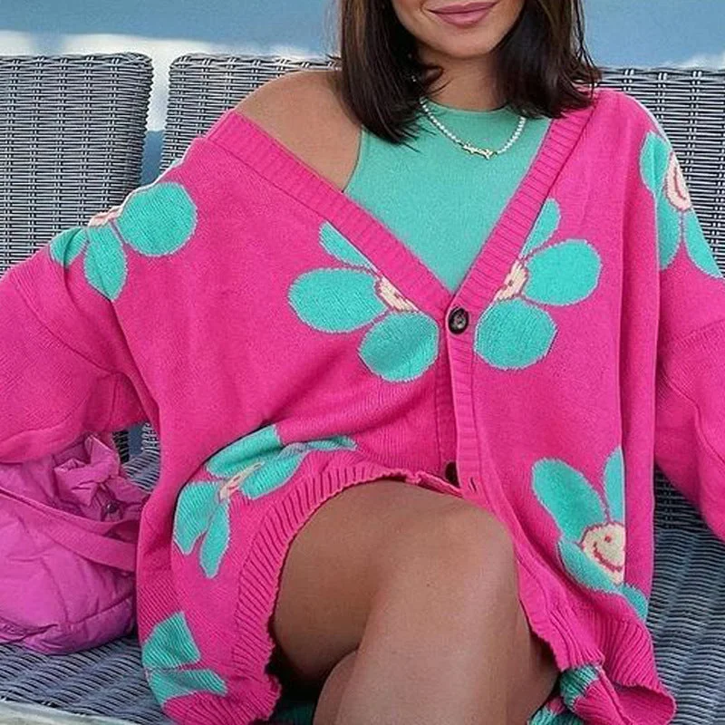 Casual Sweetheart Flower Knitting Cardigan Sweaters Houndstooth Herringbone Solid