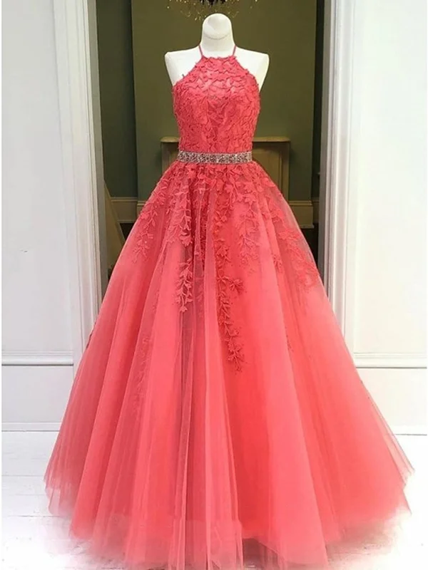 Halter Neck Coral Lace Prom Dresses, Halter Neck Coral Lace Formal Evening Dresses