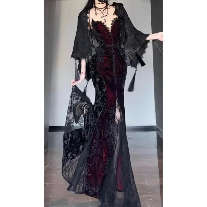 TAVIMART  -  Christmas and New Year Fashion: Chinese New Year's Greeting Attire, Dark-Style Cape Cardigan with Suspender Tube Top Dress Set Silk Blend Satin Velvet