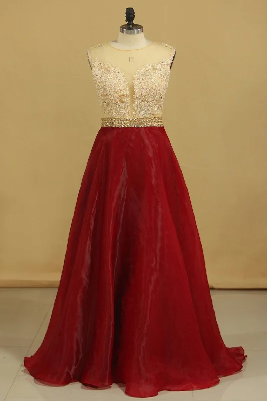 Scoop A Line Prom Dresses Organza With Sash & Applique Burgundy/Maroon