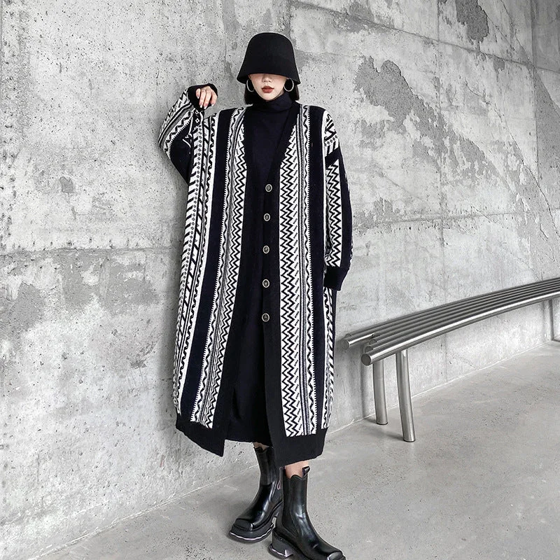 Casual Black Striped Long Knitting Cardigan Tops Plaid Cardigan Polka Dot Checkered