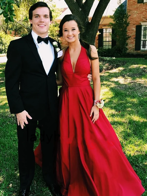 Deep V Neck Dark Red Satin Long Prom Dresses, Dark Red Satin Formal Evening Dresses