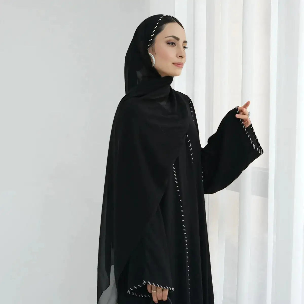With Hijab Embroidery Cardigan Open Abaya Dress Stretchy Elastic Breathable