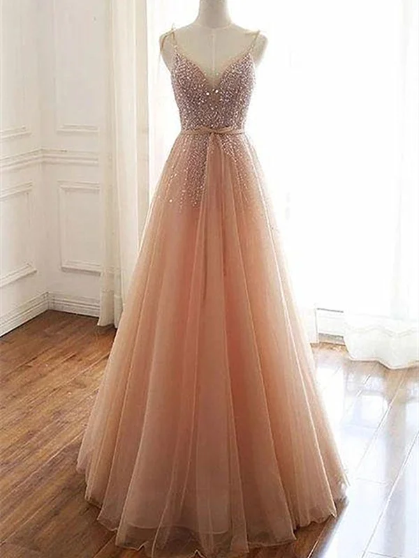 A Line V Neck Champagne Tulle Long Prom Dresses, Champagne Tulle Long Formal Evening Dresses A Line V Neck Champagne Tulle Long Prom Dresses, Champagne Tulle Long Formal Evening Dresses