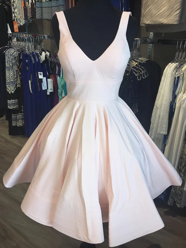 Short V Neck Light Pink Satin Prom Dresses, Short V Neck Pink Formal Graduation Dresses Short V Neck Light Pink Satin Prom Dresses, Short V Neck Pink Formal Graduation Dresses