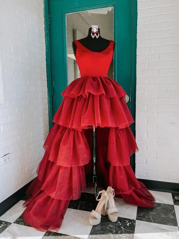 Round Neck Dark Red High Low Prom Dresses, Dark Red High Low Formal Evening Dresses