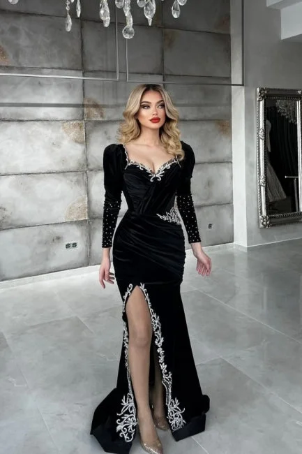 Sexy Black Sequined Column Appliques Long Sleeves Split Front Floor-length Prom Dresses,F04790 Sexy Black Sequined Column Appliques Long Sleeves Split Front Floor-length Prom Dresses,F04790