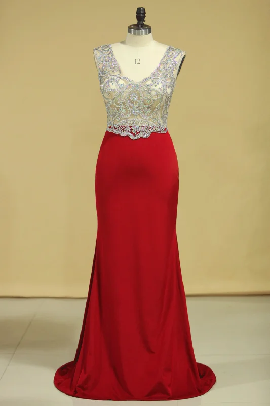Red V Neck Beaded Bodice Open Back Prom Dresses Column Spandex Sweep Train Plus Size Red V Neck Beaded Bodice Open Back Prom Dresses Column Spandex Sweep Train Plus Size