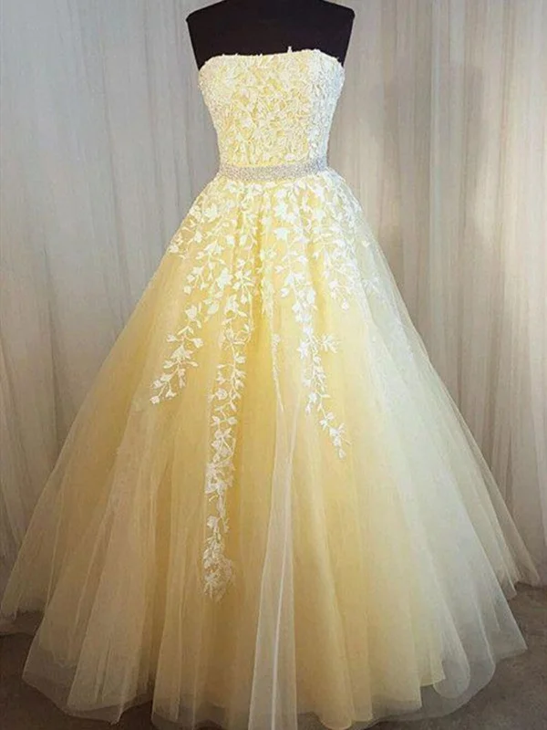 Strapless Yellow Lace Long Prom Dresses, Strapless Long Yellow Lace Formal Evening Dresses Strapless Yellow Lace Long Prom Dresses, Strapless Long Yellow Lace Formal Evening Dresses
