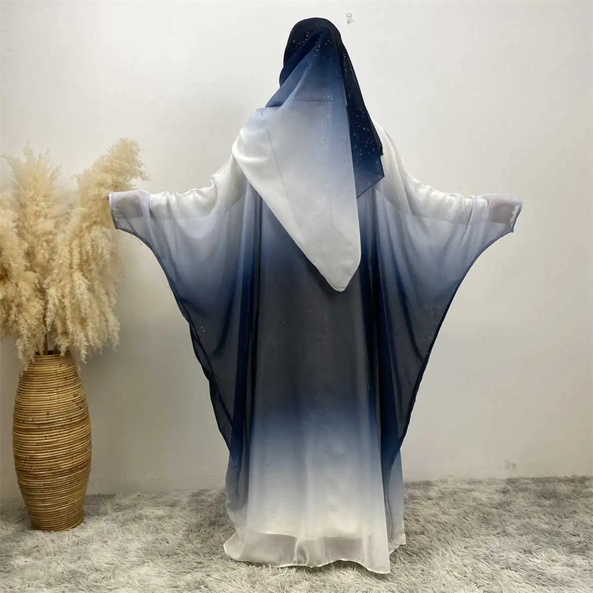 Glitter Gradient Batwing Sleeve Chiffon Cardigan Open Abaya Dress With Hijab Casual Formal Business