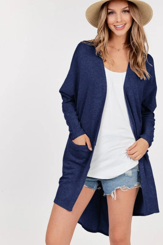 Open Front Cardigan with pockets - Navy Jersey Fabric Tulle Fabric Batik Fabric