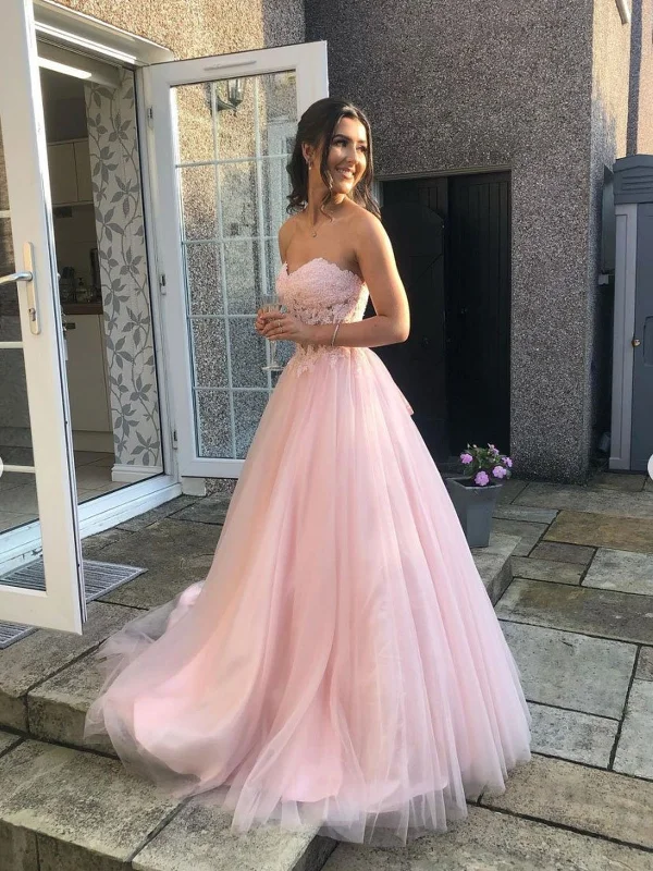 Strapless Pink Tulle Lace Prom Dresses, Pink Lace Formal Evening Dresses