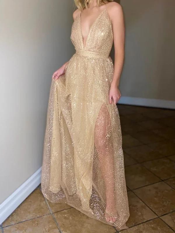 Shiny A Line V Neck Light Champagne Lace Prom Dresses, Light Champagne V Neck Formal Graduation Dresses