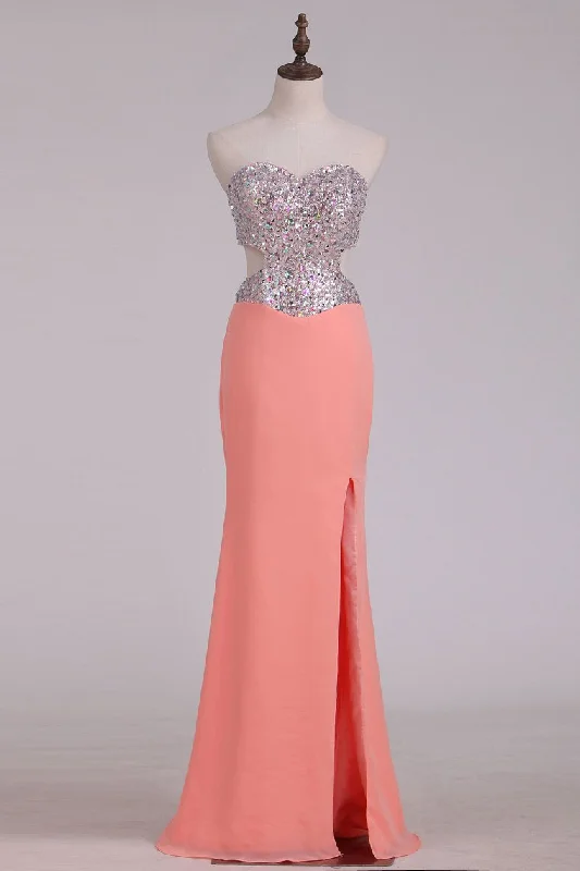 Scalloped Neckline Beaded Bodice Prom Dresses Sheath Chiffon With Slit