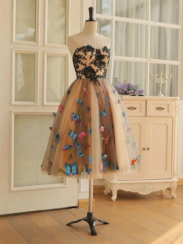 Strapless Short Champagne Floral Prom Dresses, 3D Floral Short Champagne Formal Graduation Dresses Strapless Short Champagne Floral Prom Dresses, 3D Floral Short Champagne Formal Graduation Dresses