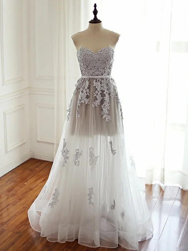 Strapless Sweetheart Neck Gray Lace Prom Dresses, Strapless Gray Lace Long Formal Evening Dresses Strapless Sweetheart Neck Gray Lace Prom Dresses, Strapless Gray Lace Long Formal Evening Dresses