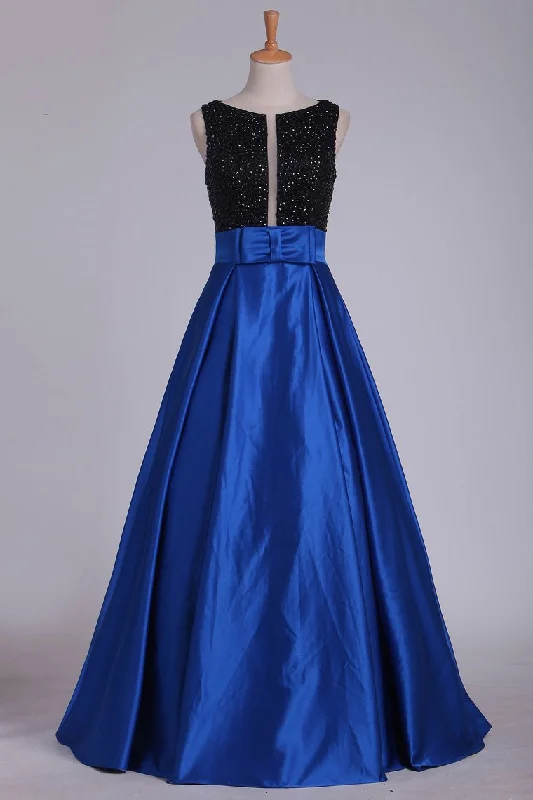 Satin Scoop Beaded Bodice With Slit Prom Dresses Floor Length