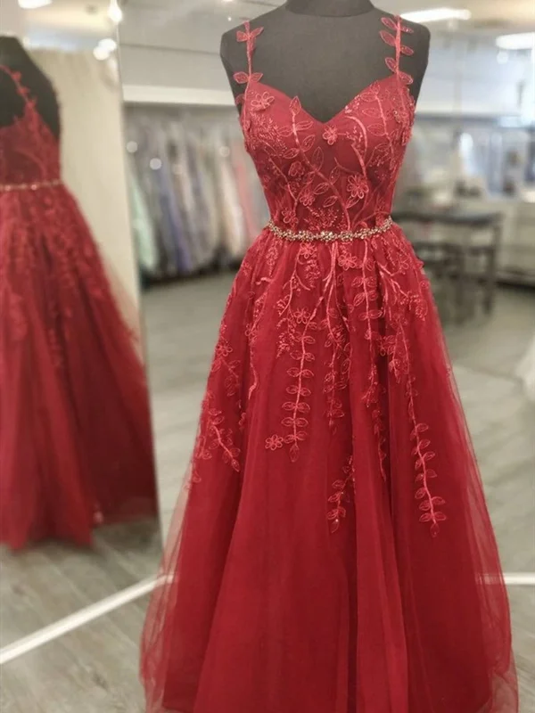 V Neck Burgundy Lace Prom Dresses, Wine Red V Neck Lace Formal Evening Dresses