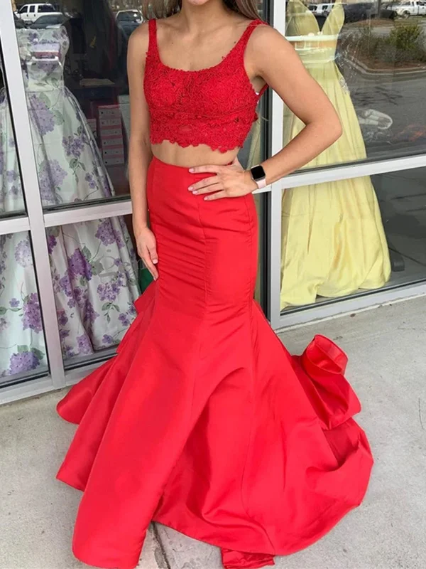 Two Pieces Red Mermaid Lace Prom Dresses, Red Mermaid Lace Formal Evening Dresses