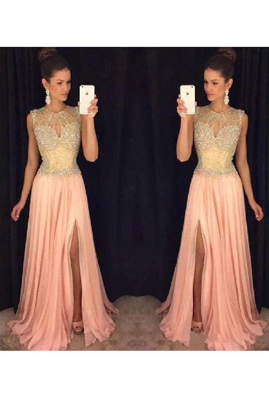 Scoop Beadd Bodice Chiffon Prom Dresses A Line With Slit
