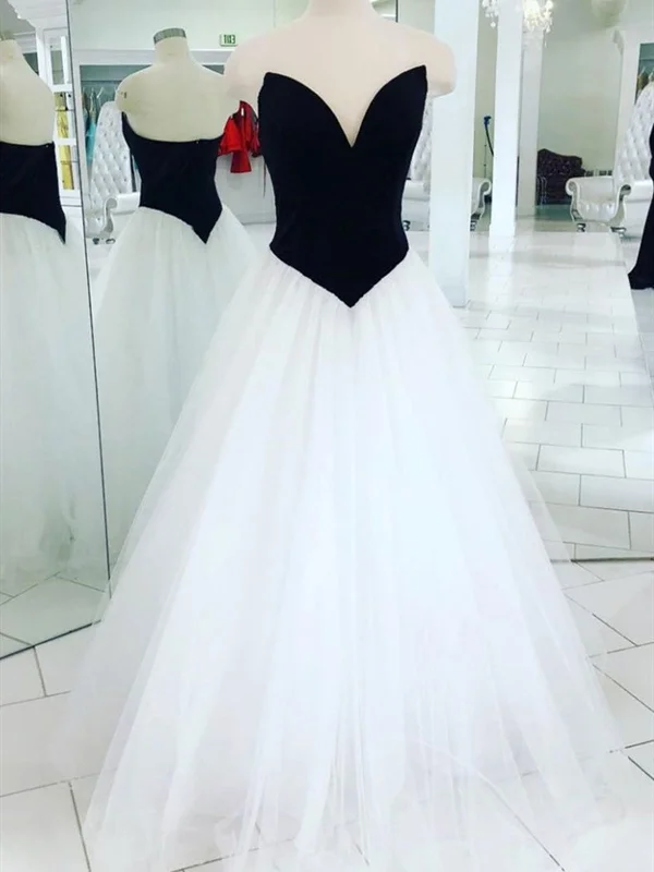 A Line V Neck Black White Prom Dresses, White Black Long Formal Evening Dresses