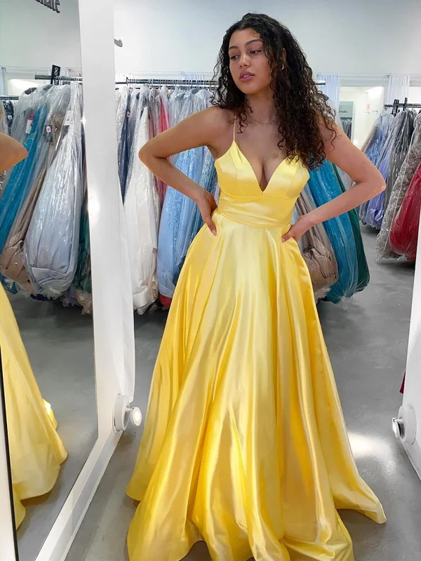 A Line V Neck Yellow Satin Long Prom Dresses, Yellow Satin Long Formal Evening Dresses A Line V Neck Yellow Satin Long Prom Dresses, Yellow Satin Long Formal Evening Dresses