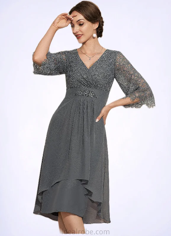 Ruth Sheath/Column V-neck Knee-Length Chiffon Lace Mother of the Bride Dress With Beading Cascading Ruffles STK126P0014930 Ruth Sheath/Column V-neck Knee-Length Chiffon Lace Mother of the Bride Dress With Beading Cascading Ruffles STK126P0014930
