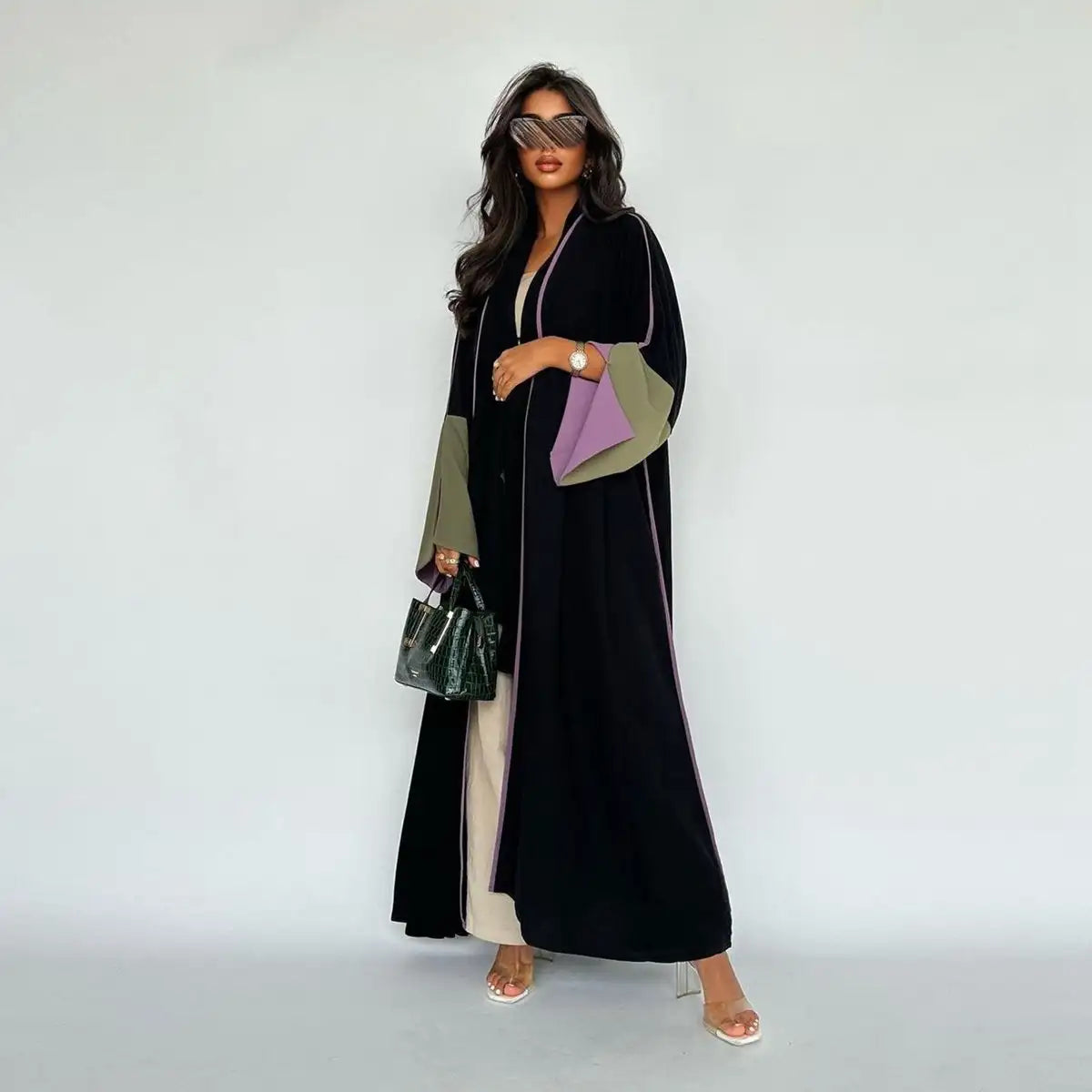 Two-tone Sleeve Cardigan Open Abaya Dress Chenille Brocade Lace