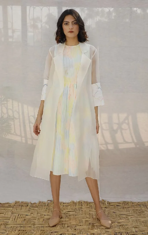 Pallavi Singh ivory stripe printed linen dress with organza long jacket Embroidered Jacket Appliqued Jacket Beaded Jacket Pallavi Singh ivory stripe printed linen dress with organza long jacket Embroidered Jacket Appliqued Jacket Beaded Jacket
