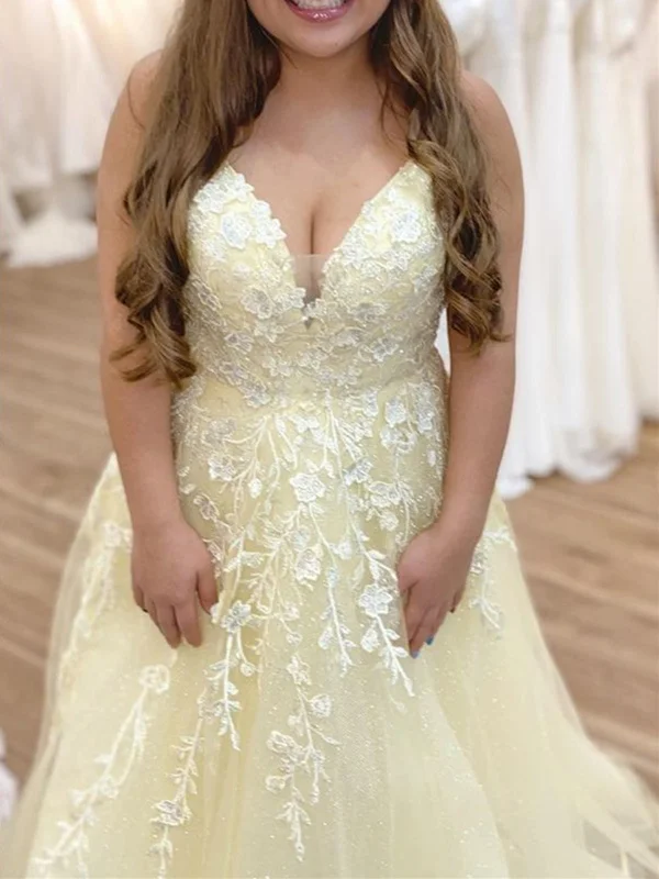 A Line V Neck Yellow Lace Floral Long Prom Dresses, Yellow Lace Formal Evening Dresses A Line V Neck Yellow Lace Floral Long Prom Dresses, Yellow Lace Formal Evening Dresses