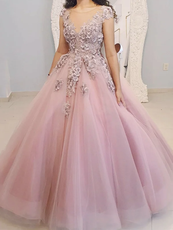 Round Neck Pink Floral Long Prom Dresses, 3D Flower Pink Long Formal Evening Dresses Round Neck Pink Floral Long Prom Dresses, 3D Flower Pink Long Formal Evening Dresses