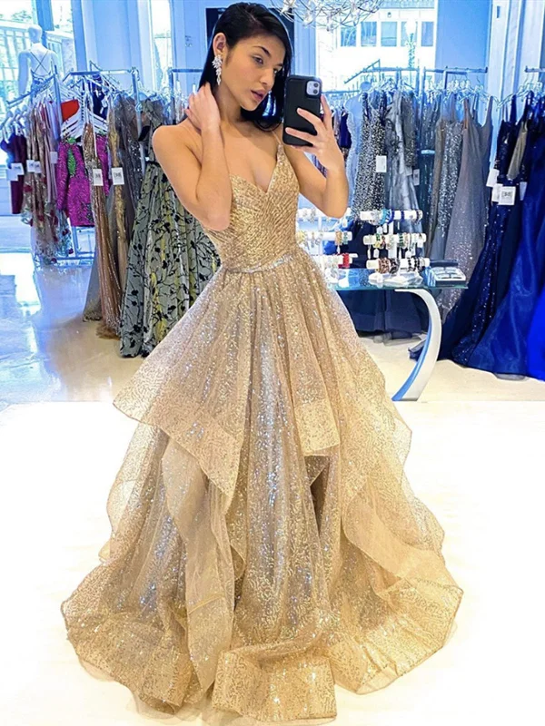 Shiny V Neck Champagne Long Prom Dresses, Champagne V Neck Long Formal Evening Dresses Shiny V Neck Champagne Long Prom Dresses, Champagne V Neck Long Formal Evening Dresses