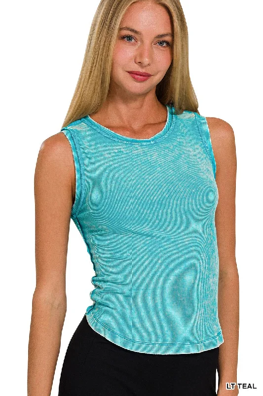 LIGHT TEAL WASHED RIBBED SLEEVELESS TANK TOP WITH EXPOSED SEAM fitted tank top