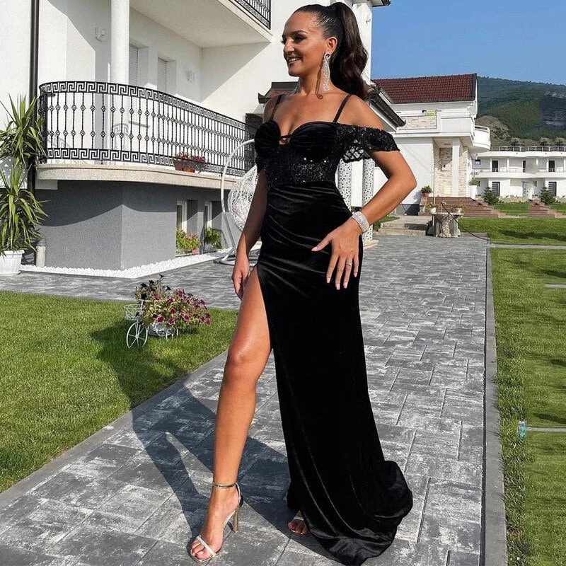 Black Velvet Side Split Sexy Prom Dresses with Sequins Off Shoulder Women Wear Evening Party Gowns Long Maid of Honor Vestidos,LW010 Black Velvet Side Split Sexy Prom Dresses with Sequins Off Shoulder Women Wear Evening Party Gowns Long Maid of Honor Vestidos,LW010