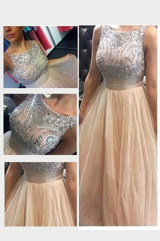 Scoop A Line Prom Dresses Tulle With Beads And Bow-Knot