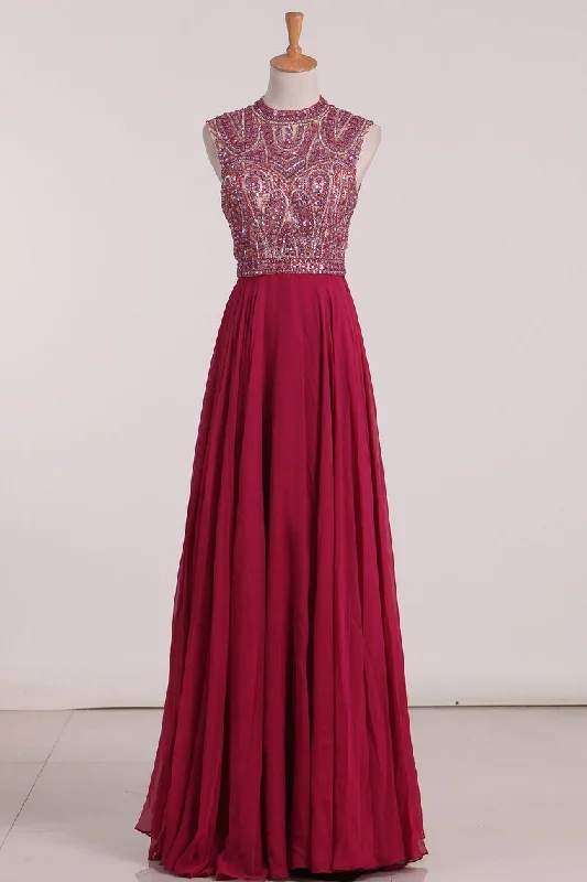 Scoop Beaded Bodice Open Back Prom Dresses A Line Chiffon
