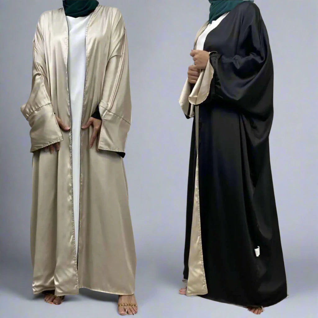 Reversible Satin Batwing Sleeve Farasha Cardigan Open Abaya Dress Jersey Fabric Tulle Fabric Batik Fabric