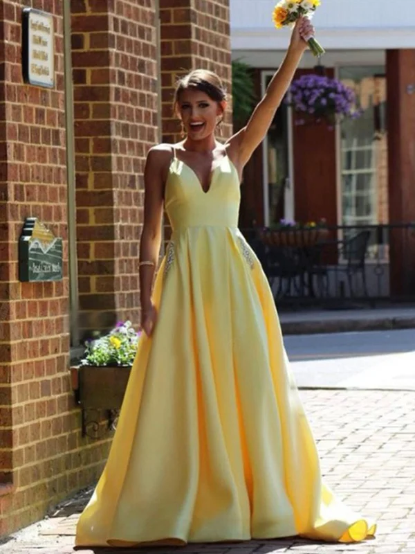 A Line V Neck Yellow Red Long Prom Dresses, V Neck Long Formal Evening Dresses