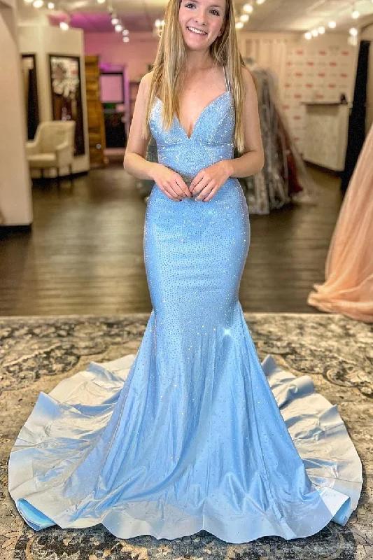 Light Blue Beaded Mermaid Long Prom Dress with Lace Up Back