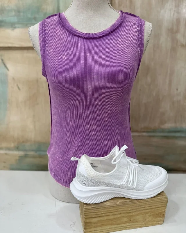 VIOLET WASHED RIBBED SLEEVELESS TANK TOP WITH EXPOSED SEAM loose fit tank