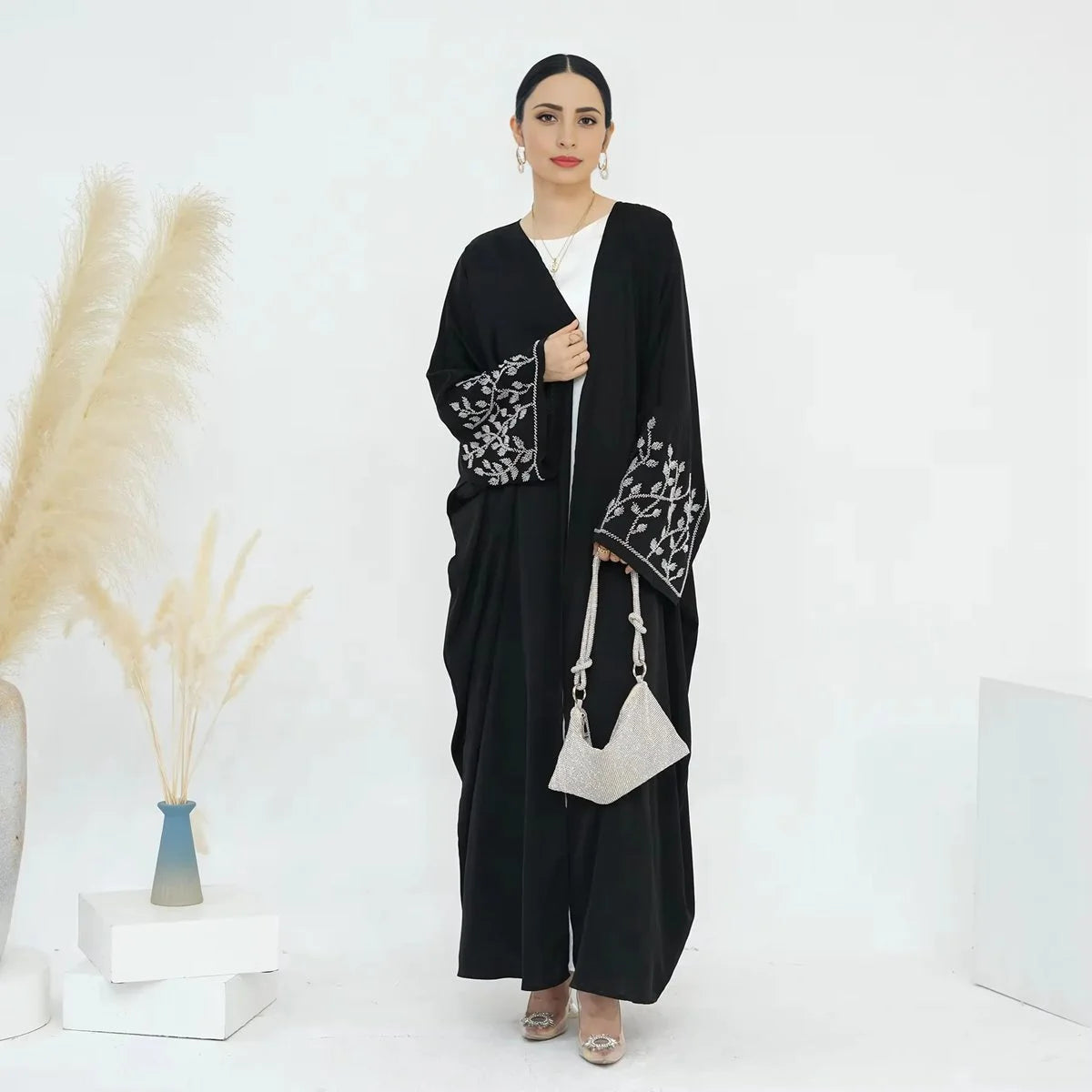 Beads Cuff Cardigan Open Abaya Dress #24862 Print Jacquard Patchwork