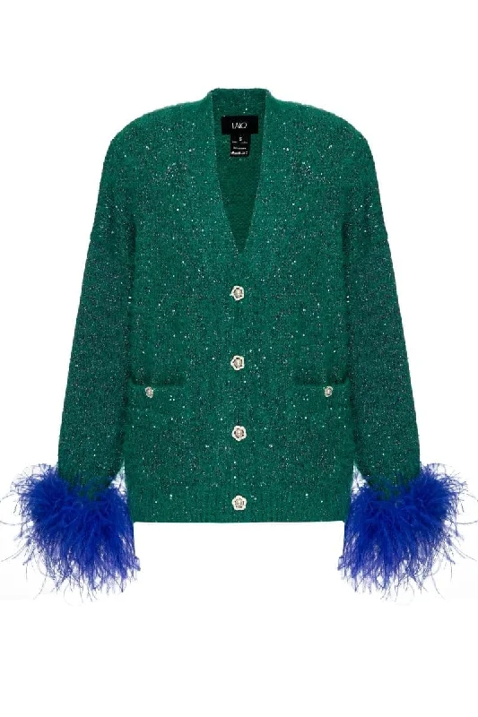 GREEN CARDIGAN WITH BLUE FEATHER-DETAILING Solid Color Striped Floral Print