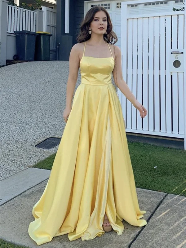 Yellow Satin Long Prom Dresses, Yellow Satin Long Formal Evening Dresses