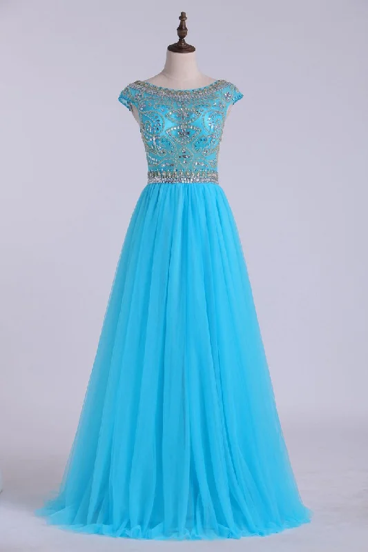 Scoop A-Line Prom Dress Full Beaded Bodice Champagne Tulle Floor Length