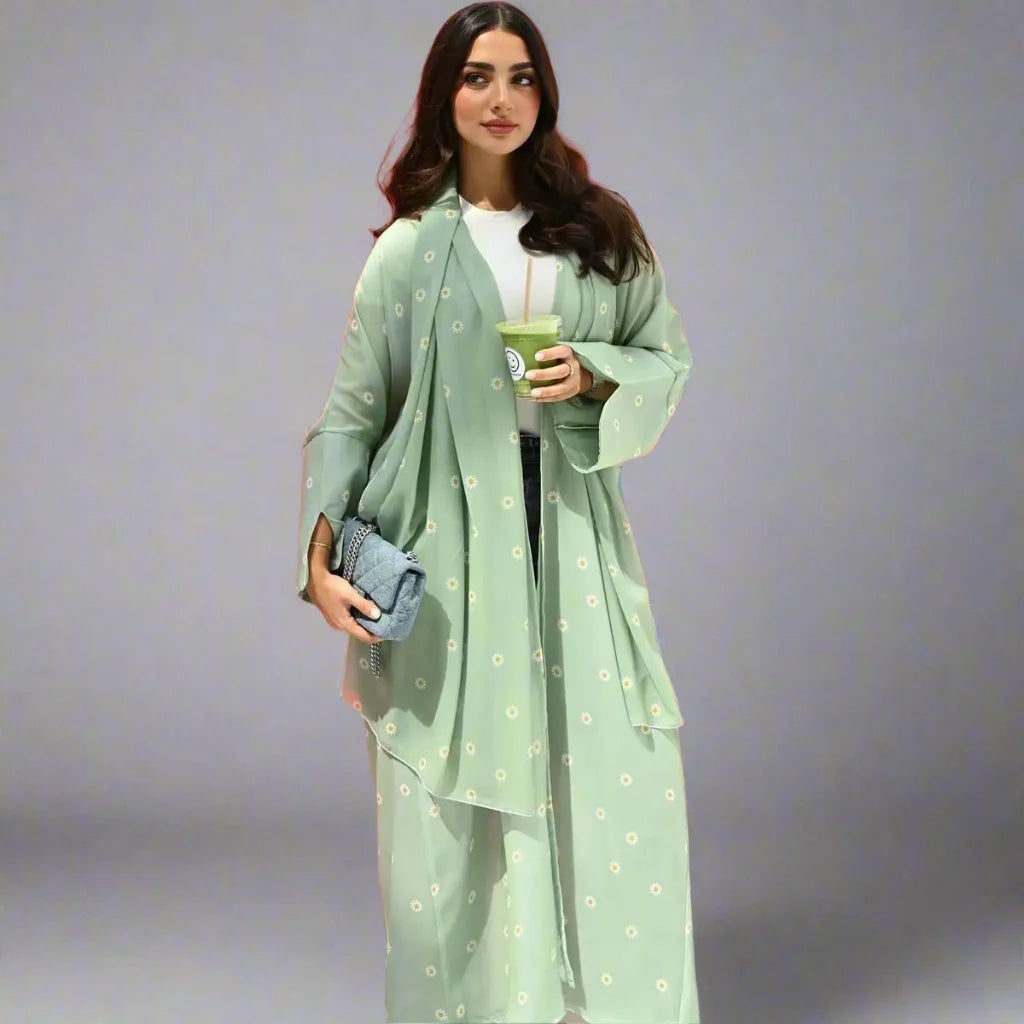 Light Green Flower Printed Cardigan Open Abaya Dress Zippered Front Buttoned Front Snap Front